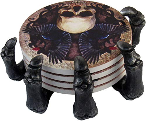 Gothic Skull Coaster Set with Skeleton Hand Holder - Halloween Bar Decor
