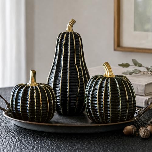 Black & Gold Resin Pumpkin Decorations Set - Halloween & Fall Decor