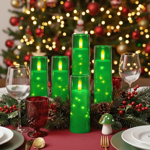 5pcs Green Flameless Battery Operated Candles with Remote Timer & Fairy Lights