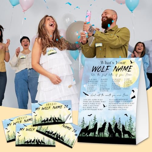 Wolf Name Game 30 Guest Sign & Sticker Set - Woodland Party Variation