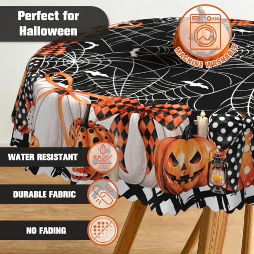 Halloween Pumpkin Dots Bat Spider Web Round Tablecloth 60x60 Inch - Waterproof & Wrinkle-Resistant Halloween Decor Variation of THIS listing