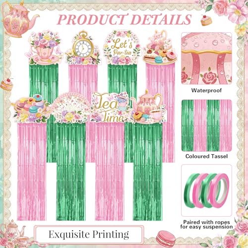 Tea Party Pink Green Hanging Decorations Set - 8 Pieces for Celebrations