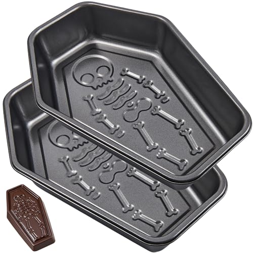 2 Pack Halloween Coffin Cake Pans with Skeleton Pattern, 10 Inch Non-Stick Bakeware