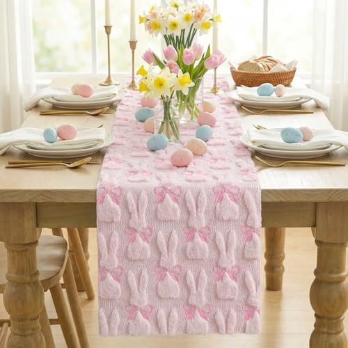 Pink Soft Plush Faux Fur Bunny Bow Easter Table Runner 13x72 Inch for Spring Holiday Decor