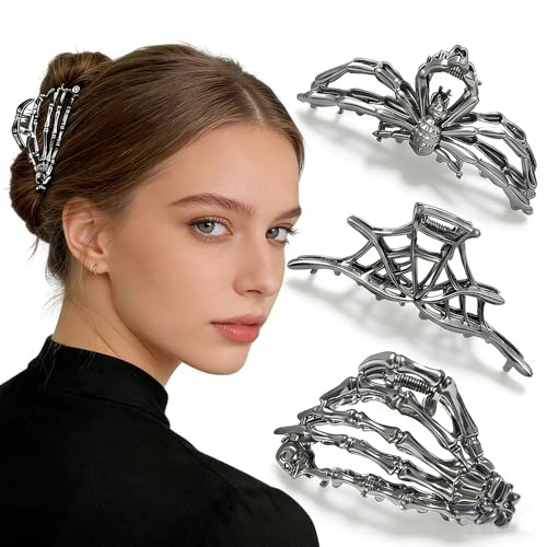 Gothic Hair Claw Clips Set - Spider Skeleton, Cobweb & Bone Hand Design