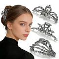 Gothic Hair Claw Clips Set - Spider Skeleton, Cobweb & Bone Hand Design