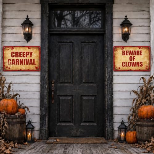 Halloween Clown Metal Warning Signs - Creepy Carnival Porch Decor Set
