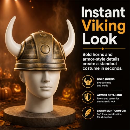 Golden Viking Helmet with Horns - Medieval Barbarian Warrior Party Hat for Kids & Adults
