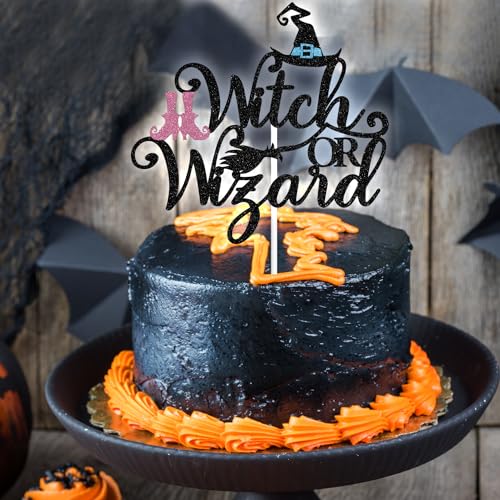 Black Glitter Witch or Wizard Cake Topper - Halloween & Gender Reveal Decor
