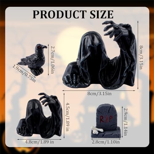 URROMA 4PCS Gothic Halloween Ghost & Crow Ornament Set - Black Tombstone & RIP Decor - Style 4