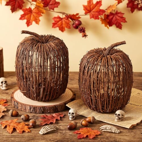 Artificial Wicker Pumpkin Decor Set - 12 x 10 Inches Farmhouse Fall Decoration - 2 Pieces