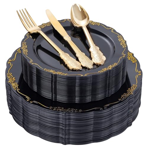 Black and Gold Plastic Dinnerware Set - 150 Pieces for Parties & Events