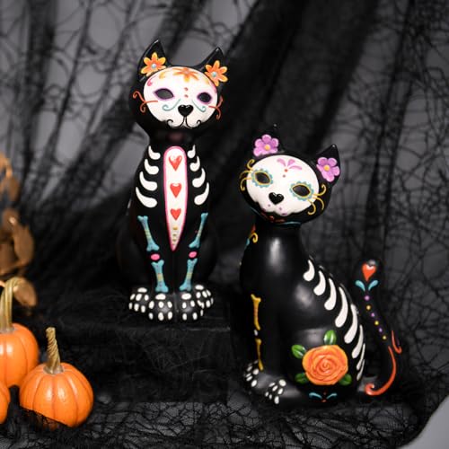 Day of the Dead Skeleton and Cat Figurine Set - Colorful Gothic Decor