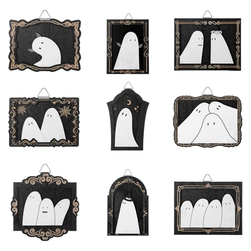 Halloween Ghost Hanging Frame Set - Black & White Wooden Decor, 9 Pieces