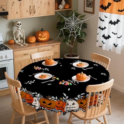 Halloween Round Tablecloth 70 Inch Black and Orange Spooky Pumpkin & Web Design Waterproof Fabric