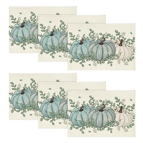 Autumn Fall Placemats Set of 6 12x18 Inches Rectangular Eucalyptus & Pumpkin Decor