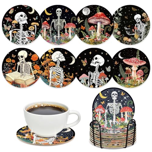 Black Skull Diamond Art Coasters Set - Halloween & Gothic Decor, 8 Pcs with Holder