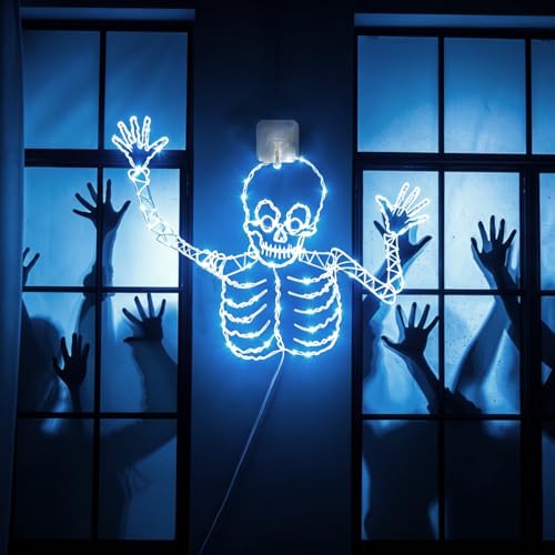 Halloween Skull Window Lights - Wrought Iron Skeleton Decor with 8 Lighting Effects & Timer, 21 Inch