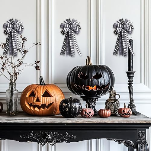 Halloween Black White Bow Set of 2 for Wreath & Home Decor - Spider Web Ribbon