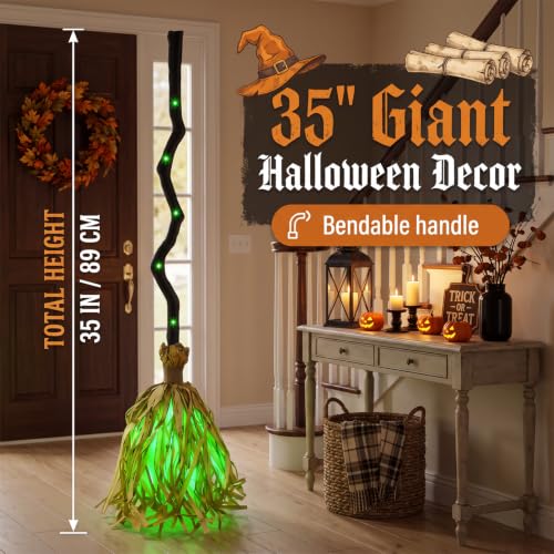 Animated Halloween Witch Broom Lighted Prop - Spooky Green LED, Sound & Motion