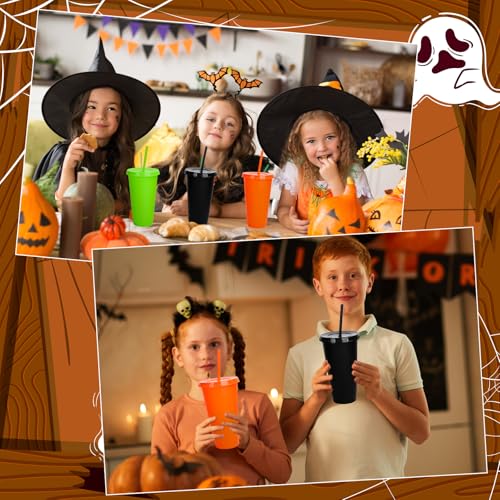 Halloween Plastic Cups Set with Lids and Straws - 24 Oz Reusable Drinkware - Black, Orange, Green - 12 Pack