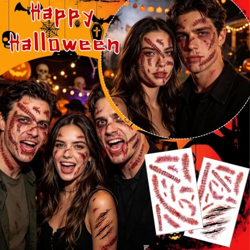 Fake Scar & Bloody Wound Temporary Tattoos - Halloween Horror Makeup Stickers - 25 Sheets