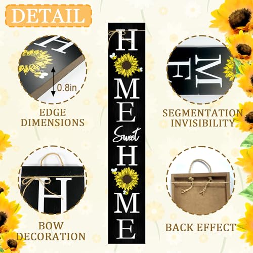 Black Sunflower Welcome Porch Sign for Front Door - Rustic Vertical Farmhouse Decor - 7.8x47.5 Inches