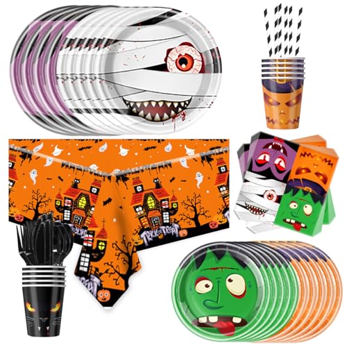 Halloween Party Supplies Set - Monster, Pumpkin & Vampire Theme - Disposable Tableware & Decorations