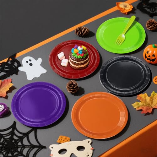 Halloween Paper Dinner Plates 9 Inch Bulk Pack - Black, Orange, Purple, Green, Red - Party Supplies