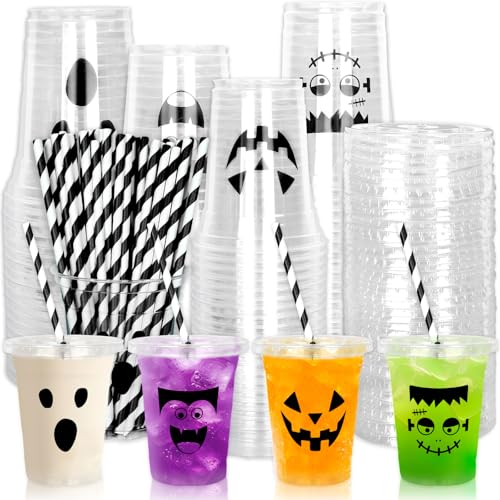 Halloween Face Disposable Plastic Cups with Lids & Straws - 12 oz Party Favors