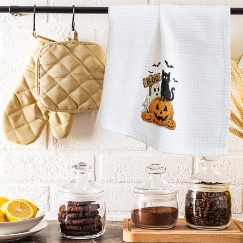 Halloween Kitchen Dish Towel Black Cat Pumpkin Ghost Waffle Weave Hand Towel - A23