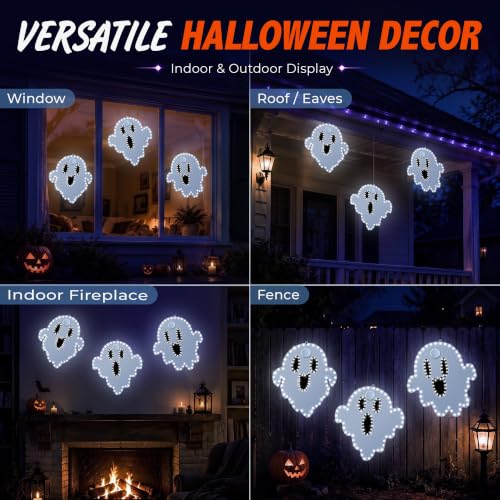 Halloween Ghost String Lights - 3 Pack Twinkling LED Silhouettes with Aluminum Frame - Indoor Outdoor Decorations - Variation of Ghosts