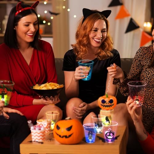 Halloween Glow in The Dark Party Cups - Standard Pack of 2, 25 Count, 16oz, Light Up Cups with Horror Stickers for Kids & Adults
