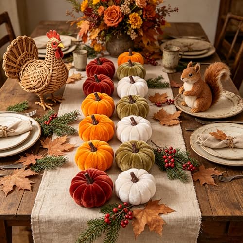 Velvet Mini Pumpkins Decor Set - Fall Thanksgiving Table Accents, 12 Pcs