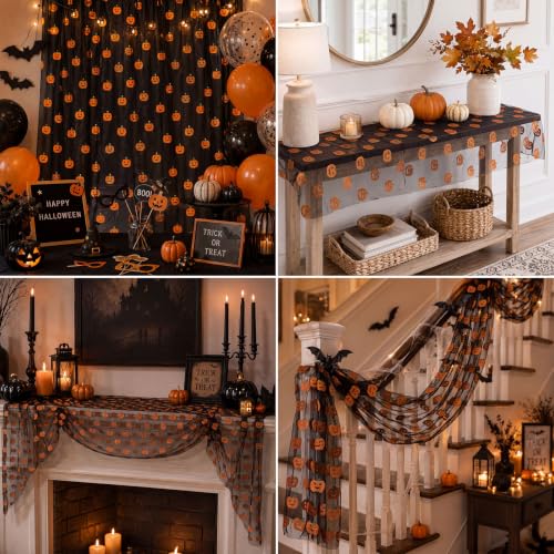 Halloween Pumpkin Table Runner Set - Black Tulle with Jack-o-Lanterns, 4 Pieces, 29x70 Inches - Pumpkin Variation