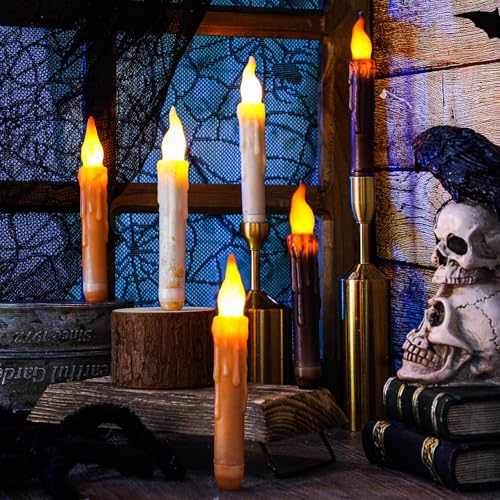 Halloween Flameless Taper Candles Set - Real Wax Hand Dipped, 6.5 Inch, 6 Pack