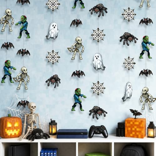 Pixel Monster Garland Halloween Party Decorations - Retro Arcade Zombie Ghost Skeleton Bat Streamers - 6 Pieces