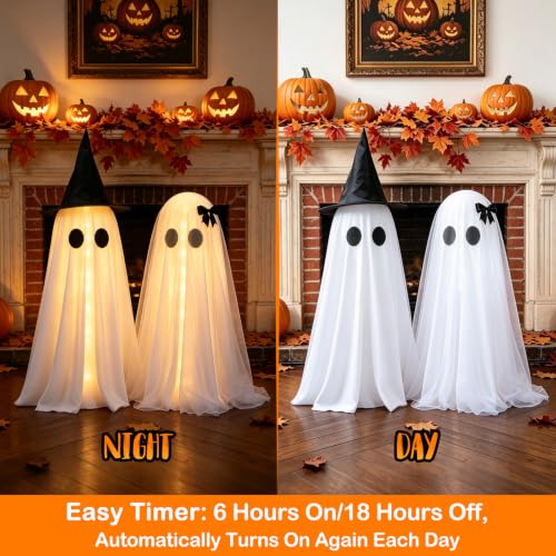 Light Up Halloween Ghost Decorations with Remote Control - 2 Pack Spooky Ghosts with Witch Hat & Veil