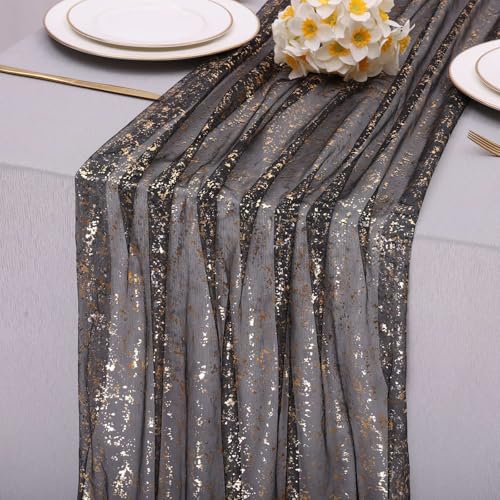 10ft Black and Gold Sequin Table Runner - 120 Inch Metallic Foil for Wedding & Party