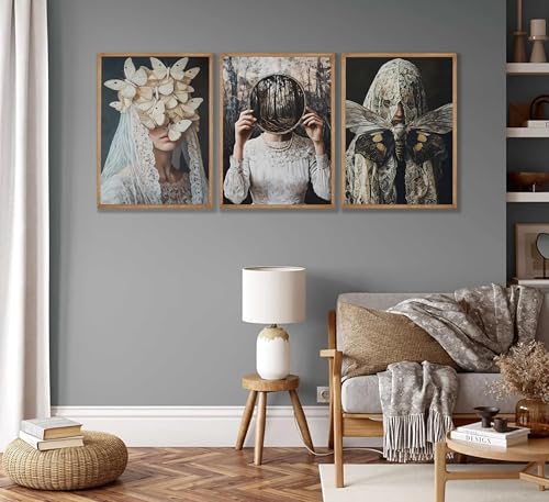Gothic Canvas Wall Art Set of 3 - Victorian Women Butterfly Dark Decor 12x16in & 24x16in Variation