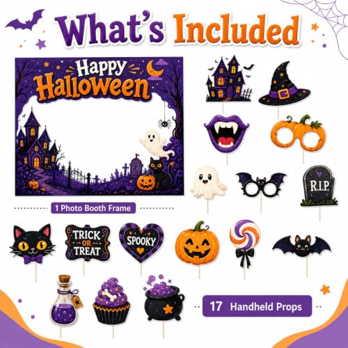 Halloween Photo Booth Props Kit with Selfie Frame - Orange, 16 Pieces