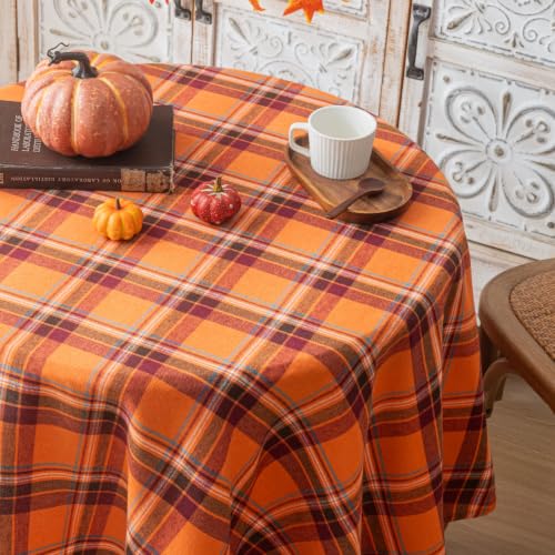 Round Fall Tablecloth 60 Inch Orange Red Plaid Thanksgiving Decor - AQOTHES