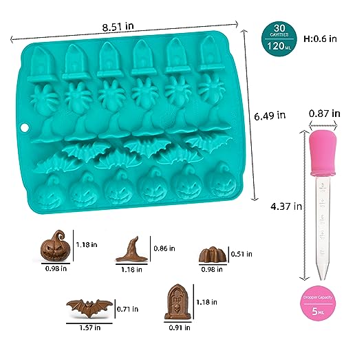 Halloween Silicone Chocolate & Candy Molds Set - Pumpkin Spider Bat Witch Hat Gravestone, 30 Cavities