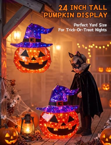 Outdoor Lighted Pumpkin Decorations with Witch Hat - 24 Inch Halloween Yard Decor