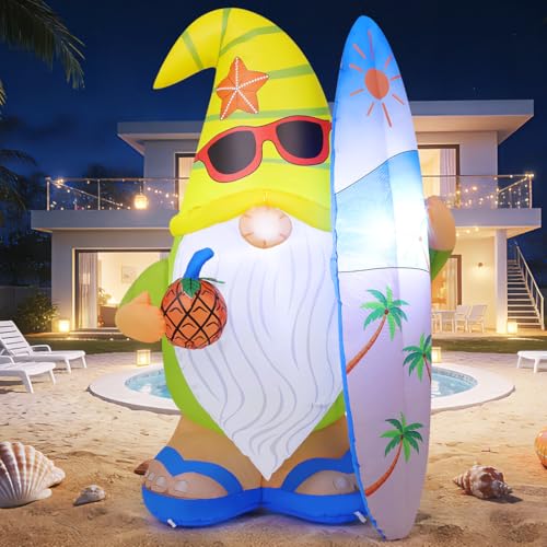 Inflatable Gnome Yard Decor with LED Lights, Surfboard & Pineapple - 5.2 FT Summer Outdoor Decoration