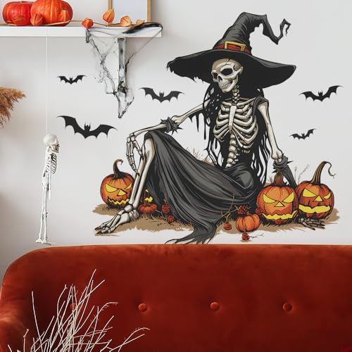 Halloween Witch Skeleton Wall Decals - Removable Skull Stickers with Bats & Pumpkins, Black & Orange Variation