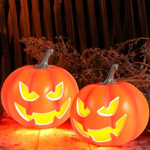 2 Pack Light-Up Halloween Jack O Lantern Pumpkins - Indoor Outdoor Decor