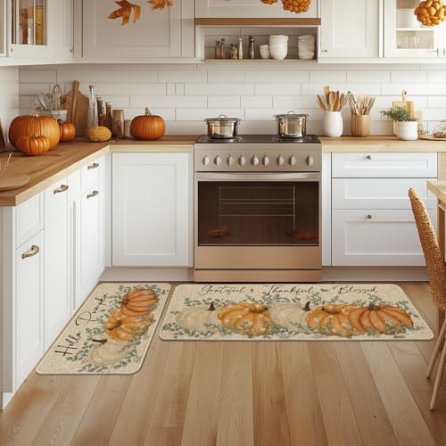 Orange Maple Leaves Fall Kitchen Mats Set of 2 - 17x29 & 17x47 Inch