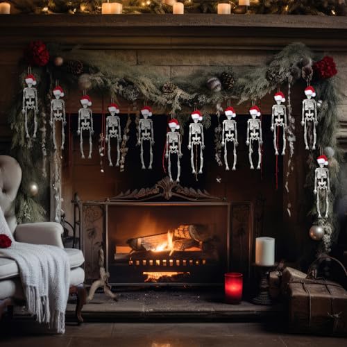 Christmas Skeleton Ornaments with Santa Hat - 12 Pack, 7.3 Inch Mini Decor