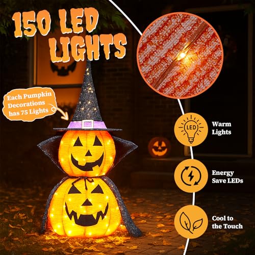 Halloween Collapsible Pumpkin Decoration Set - 2PC 3FT LED Lantern with Star Cap & Black Cloak